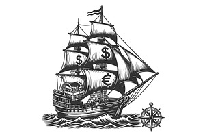 money ship in stormy sea engraving, a Finance Illustration by AlexArt