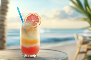 Refreshing layered cocktail with citrus garnishes on a beachside table during s, a Food & Drink Photo by AlyaAnd