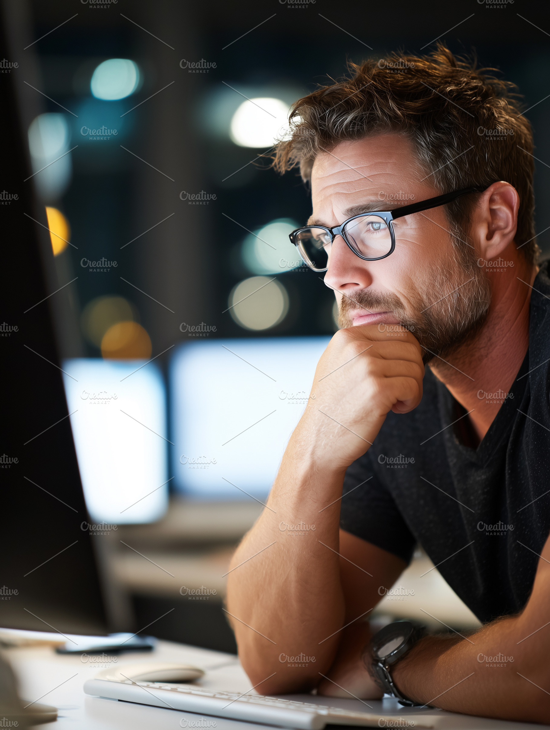 Focused man working late at night on, a Business Photo by MistyDay