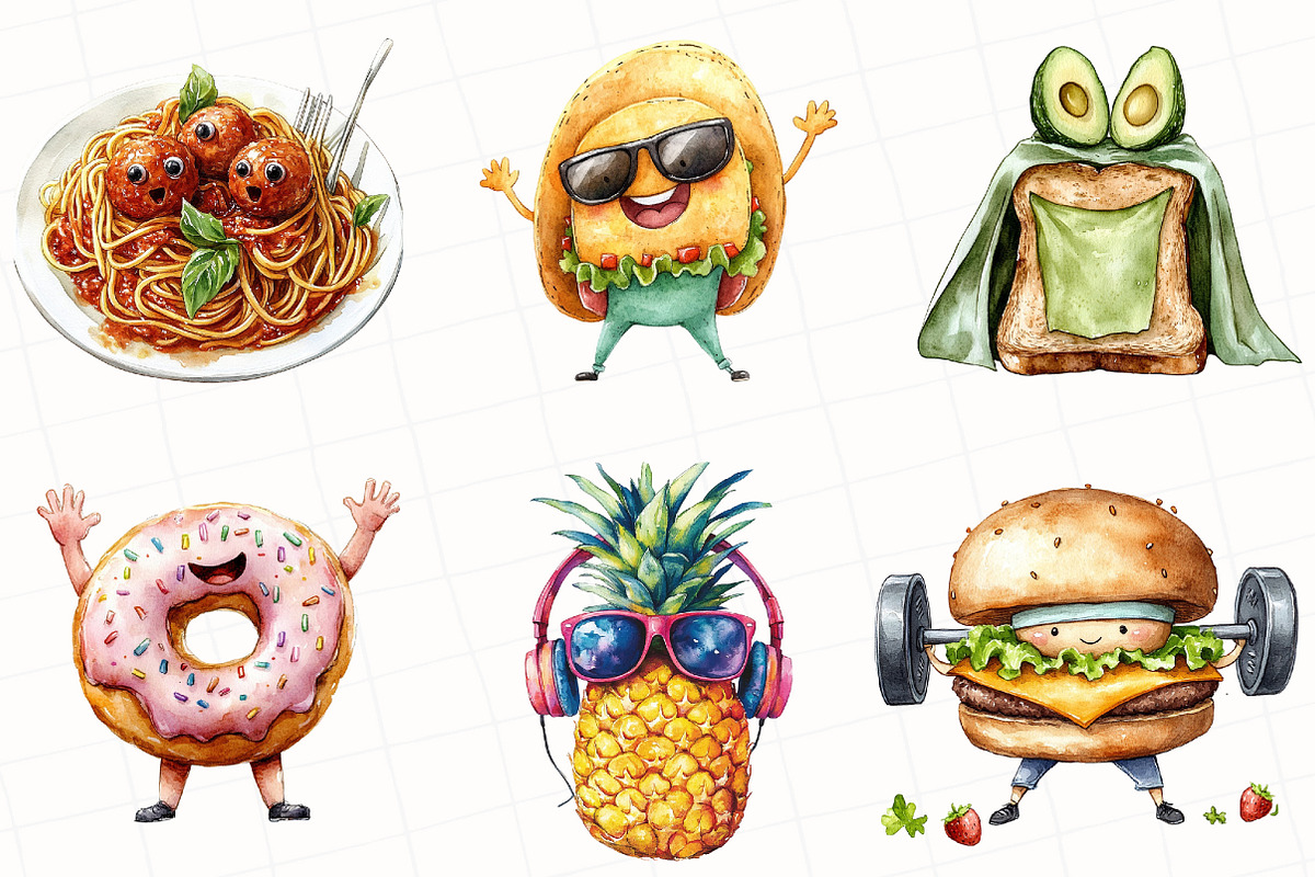 Watercolor Food Characters Clipart, an Illustration by OK Design (Photo 3 of 5)