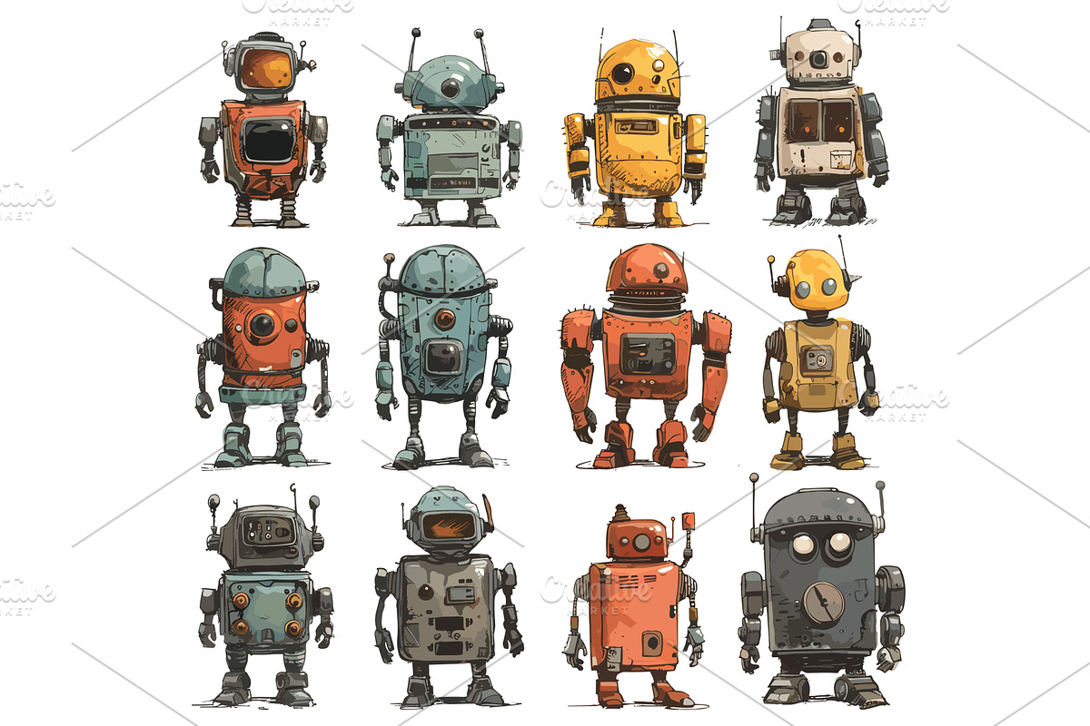 Retro robots cartoon sketch. Robotic, a Technology Illustration by LadadikArt