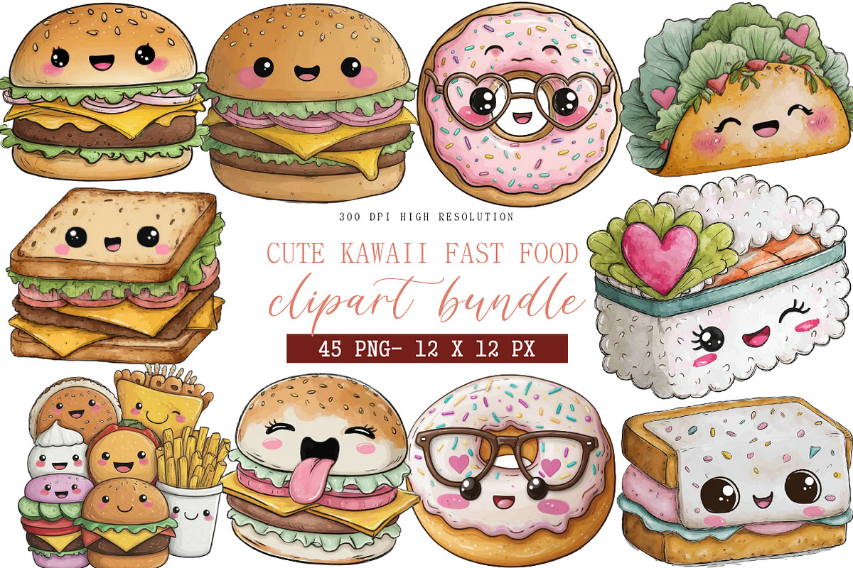 Cute Kawaii Fast Food Clipart, an Illustration by DreamArtGraphic (Photo 1 of 4)