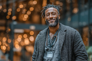 Confident male doctor smiling in modern hallway with bokeh lighting, a Health & Medical Photo by AS photostudio