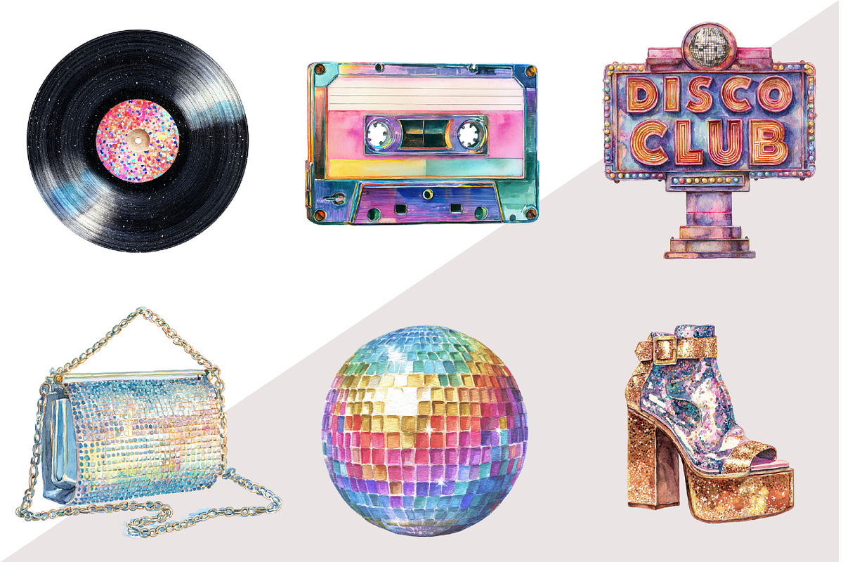 Watercolor Retro Disco Clipart, an Illustration by Design Market (Photo 3 of 3)