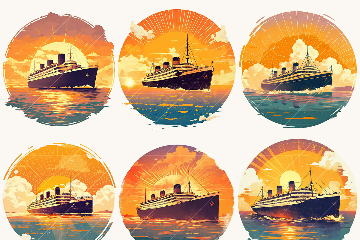Vintage Cruise Ship Sunset Clipart, a Transportation Illustration by BusyDaydesign (Photo 7 of 9)