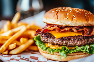 Juicy cheeseburger with bacon and, a Food & Drink Photo by Lermont51