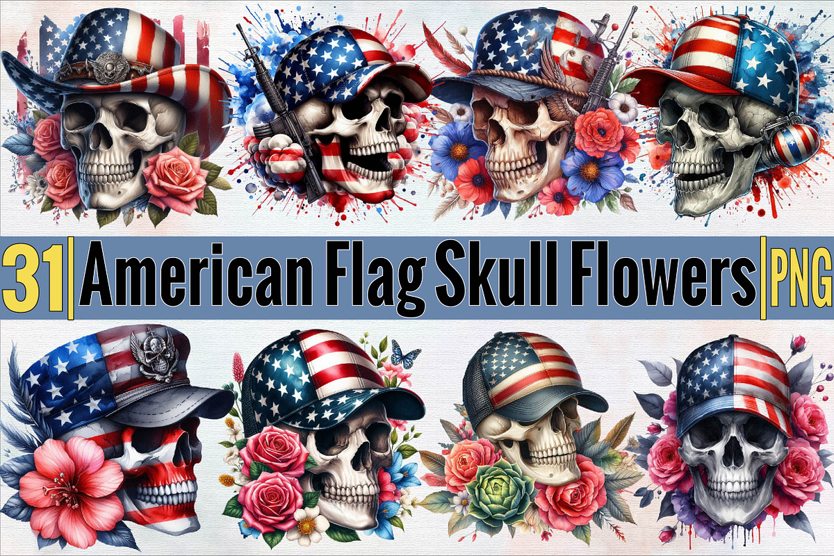 Watercolor American Flag Skull Subli, an Illustration by SVGArt (Photo 1 of 7)