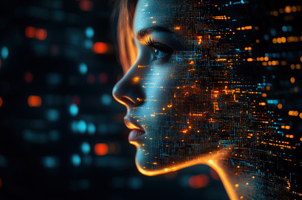 NLP Developer. A futuristic portrait of a woman with a digital overlay of glowi, a Person Photo by Textures & Backgrounds