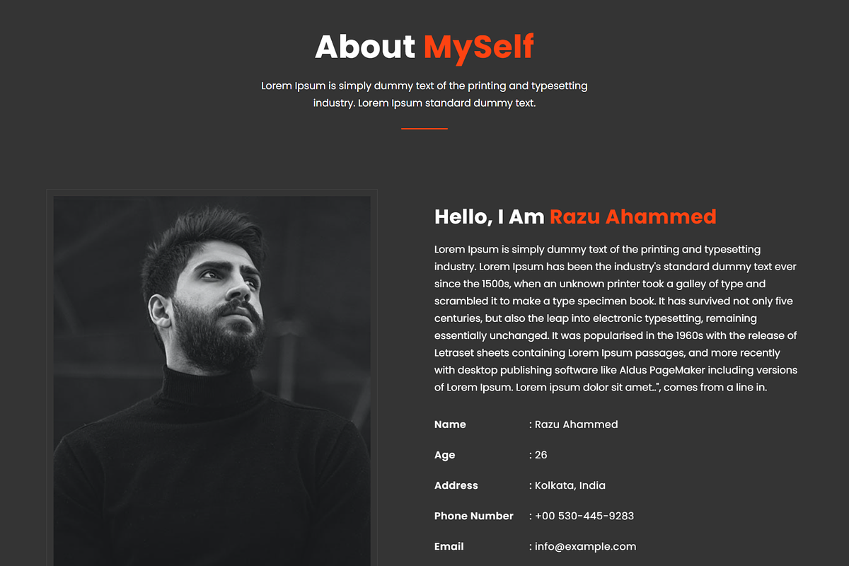 Razu - Dark Developer Portfolio HTML, a Bootstrap Template by Themeplaza (Photo 2 of 6)
