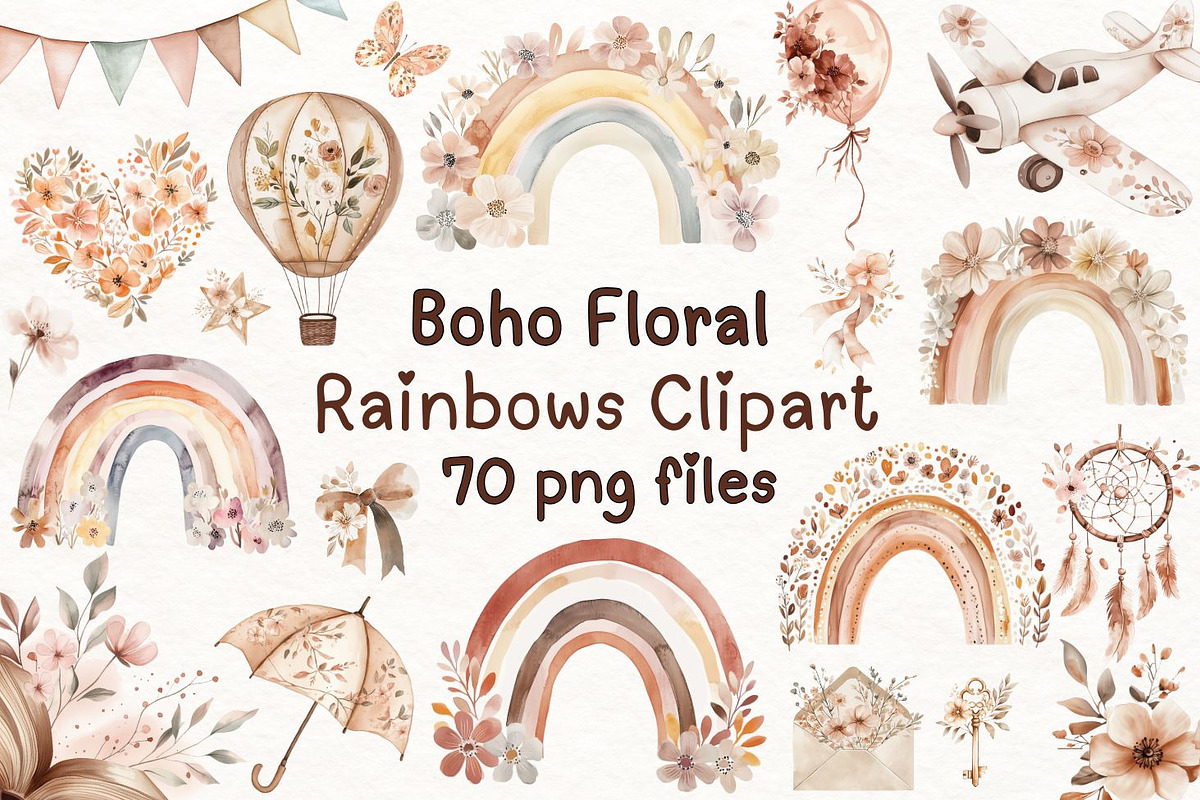 Boho Floral Rainbow Clipart, an Illustration by PassionPNGcreation (Photo 1 of 12)