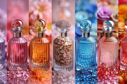 Colorful perfume bottles collage with flowers and beads, a Photo by AS photostudio