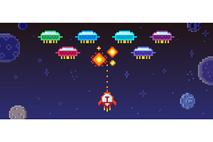 Pixel space arcade game. Spaceship, an Illustration by Valerie Bodnar