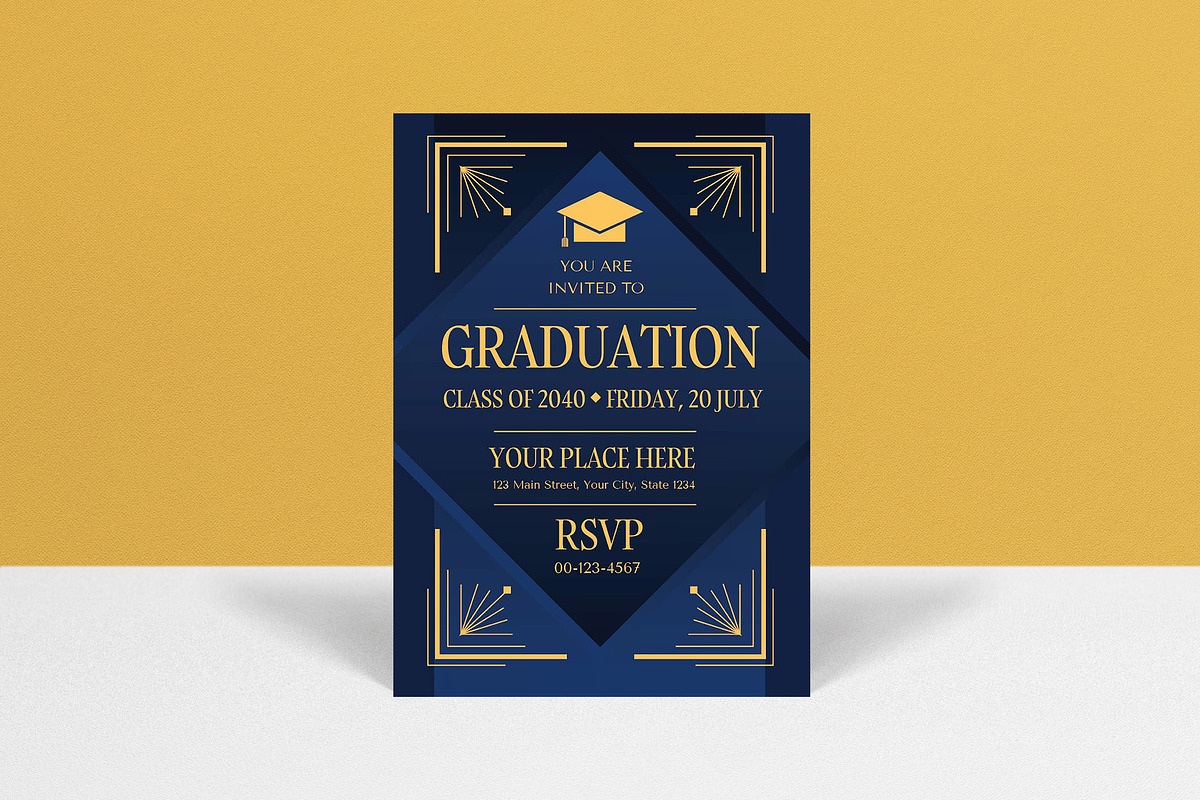Blue Art Deco Graduation Invitation, a Card Template by graphicook (Photo 1 of 3)