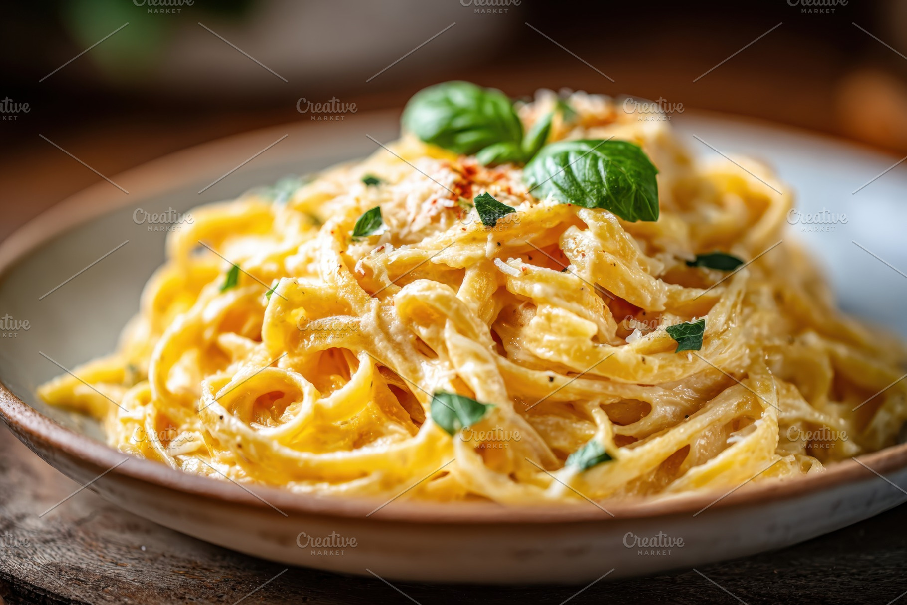 Creamy fettuccine pasta with basil garnish, a Food & Drink Photo by AlyaAnd