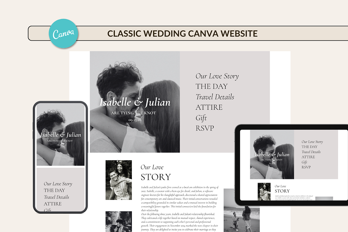 Classic Wedding Website Canva, a Landing Page Template by Preset Pixels (Photo 1 of 9)