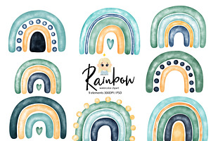 Watercolor blue rainbow clipart
