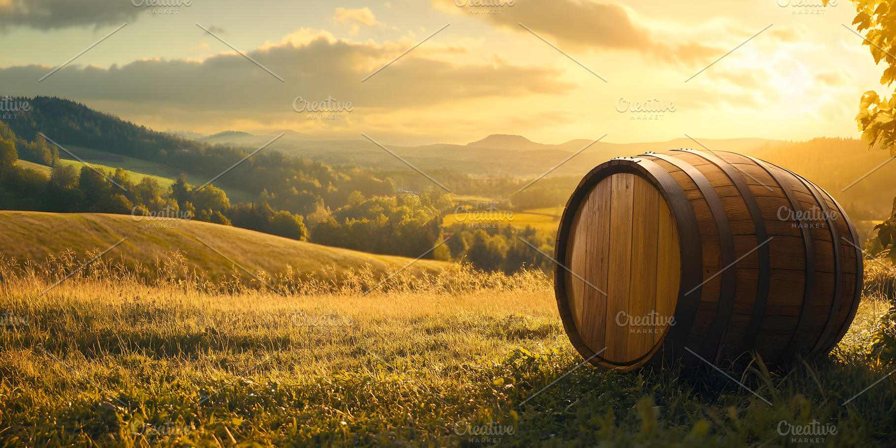 Wooden wine barrel on hillside at golden sunset, a Food & Drink Photo by Photostock
