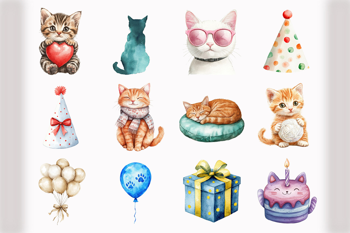 Watercolor Cats Birthday Clipart, an Illustration by Design Market (Photo 3 of 5)