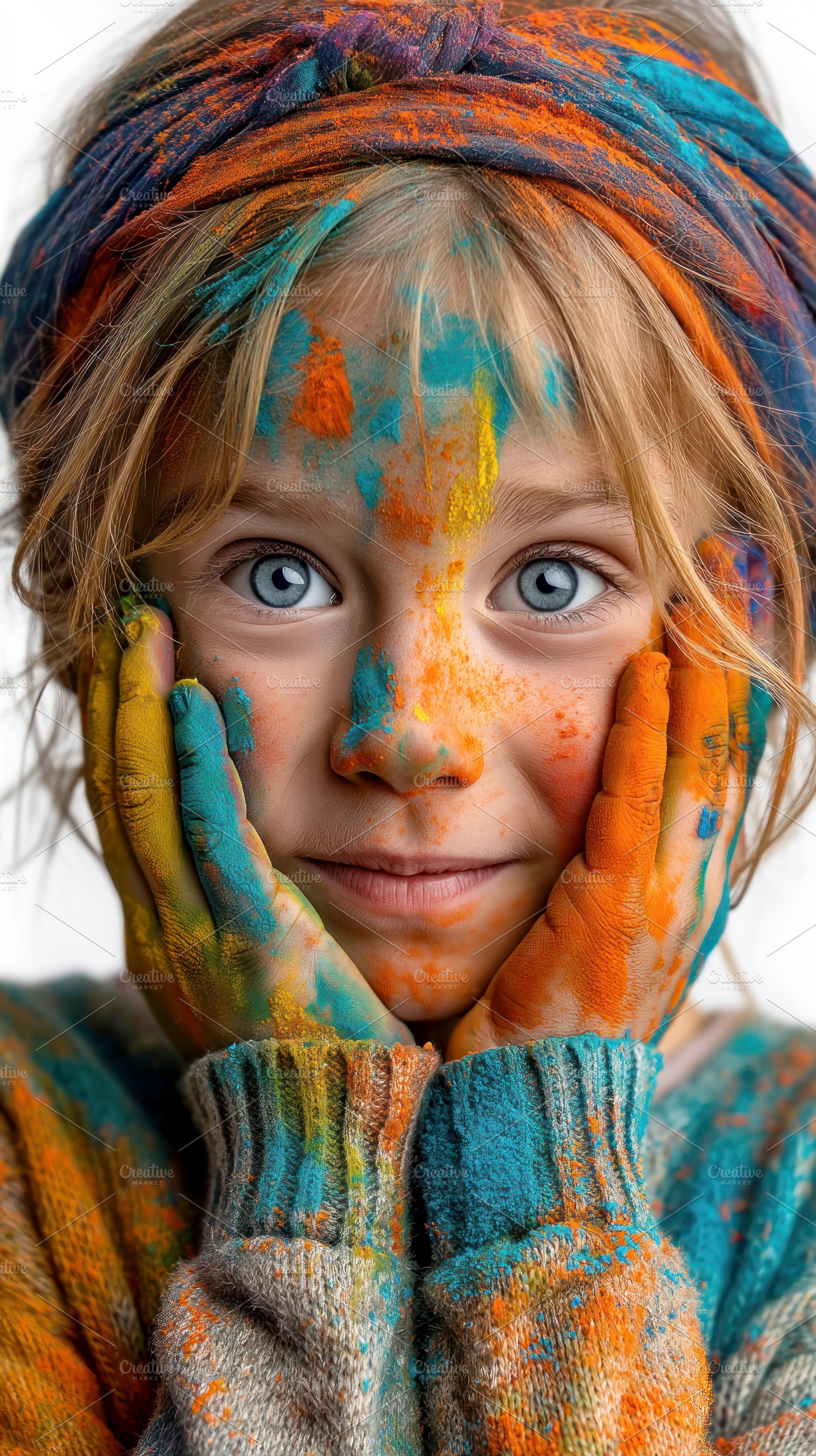 Colorful Holi festival portrait of child with vibrant powder pig, a Person Photo by José Manuel Gelpi