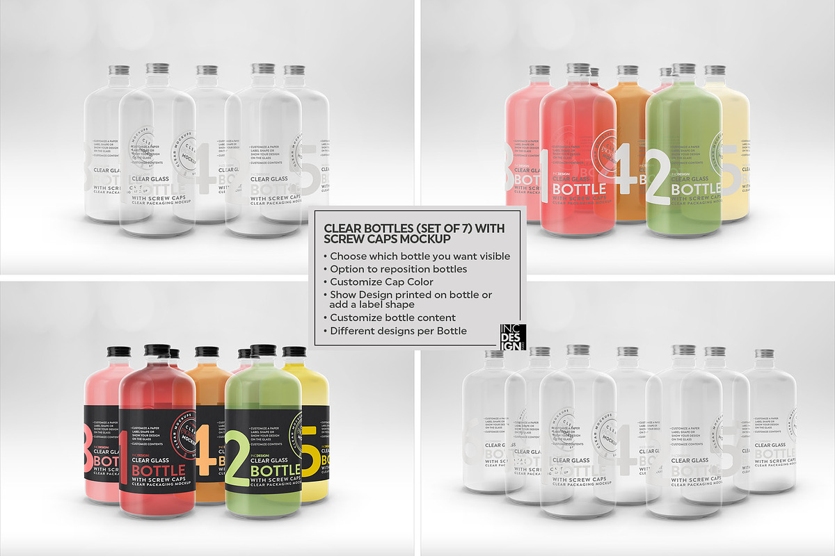Clear Bottles with Screw Caps Mockup, a Packaging Mockup by INCDesign (Photo 2 of 10)