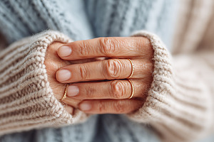 Hands adorned with delicate gold rings resting gently in a cozy knitted sweater, a Beauty & Fashion Photo by AlyaAnd