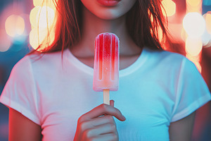 Portrait of beautiful young woman eating delicious ice cream, a Photo by AlyaAnd