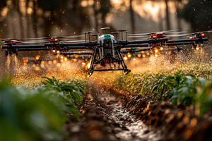 Agricultural drone spraying crops in a field during golden hour light, a Photo by AS photostudio