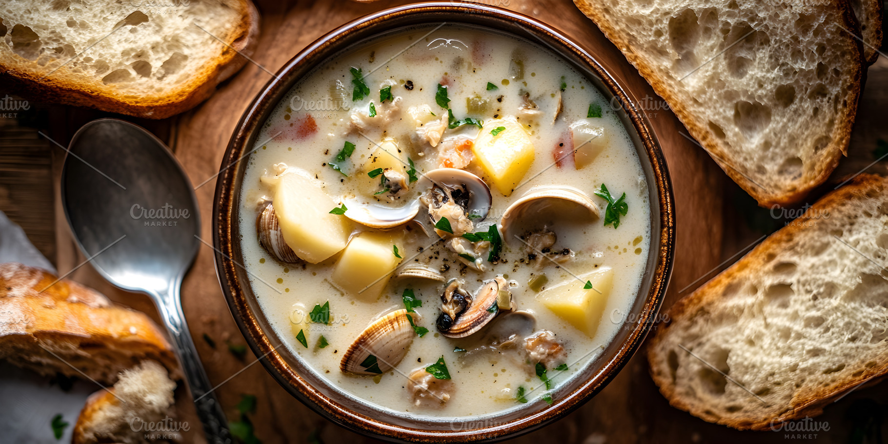 Clam chowder with potatoes and bread, a Food & Drink Photo by Photostock