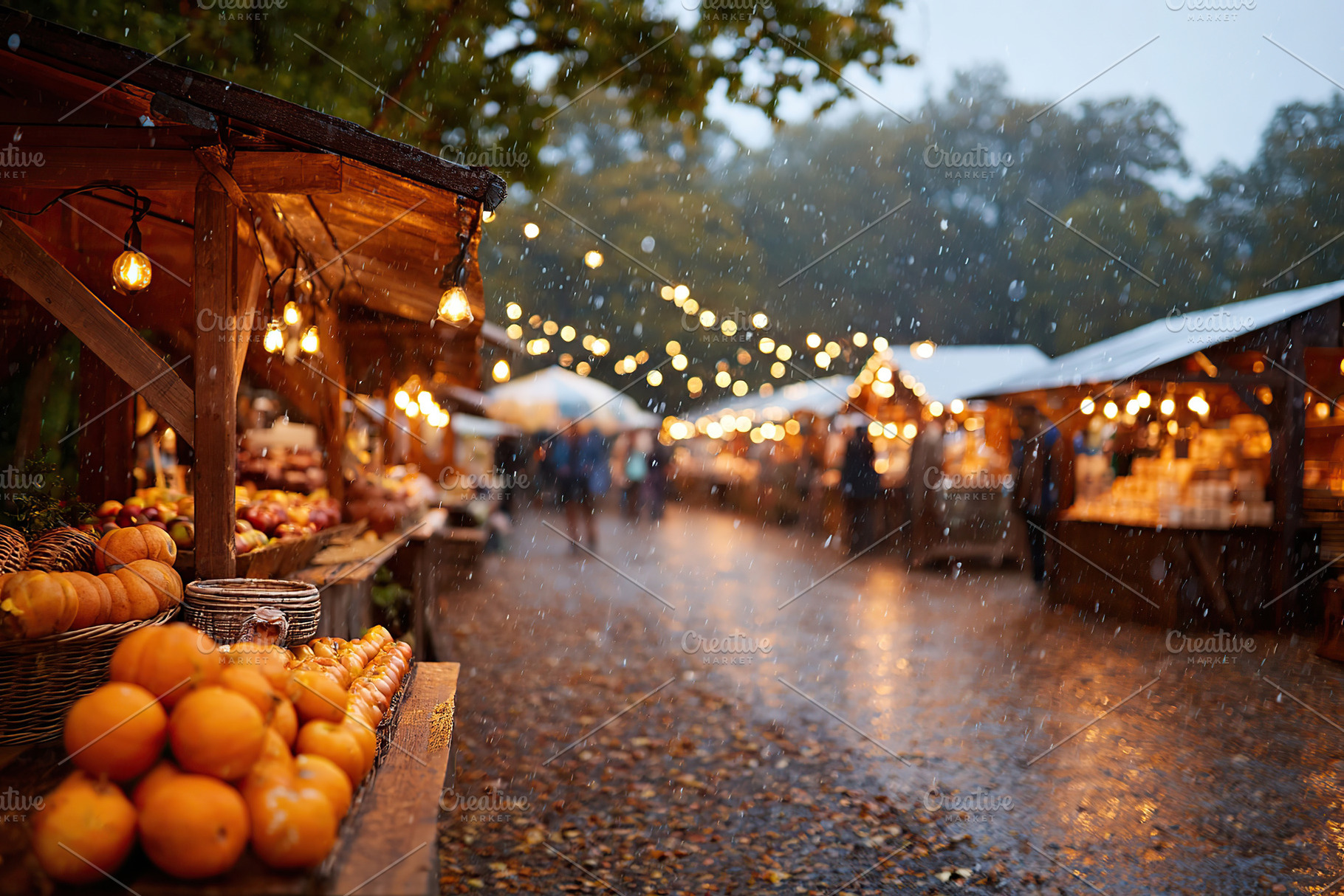 Apples and lights brighten a rainy market day in a bustling outdoor setting, a Food & Drink Photo by AlyaAnd