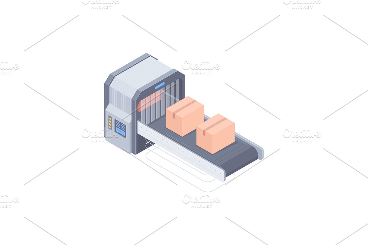 Automated boxing line isometric illustration, a Technology Illustration ...