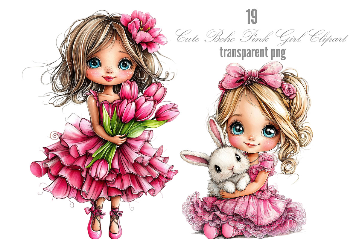 Cute Boho Pink Girl Clipart, a Seasonal Illustration by Designking (Photo 1 of 5)