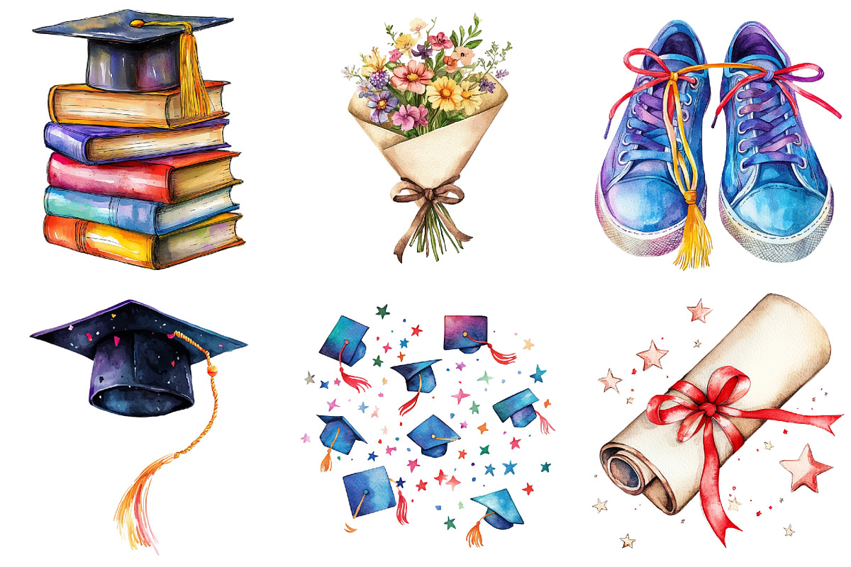 Watercolor Graduation Clipart Set, an Illustration by Libby Wishes (Photo 2 of 7)