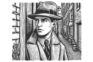 detective in trench coat in alleyway, a Person Illustration by AlexArt