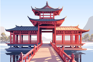 Red cartoon pagoda on the lake with, an Object Illustration by LadadikArt