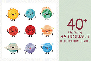 Smiling cartoon planets and sun