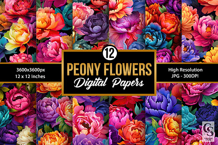Rainbow Peony Flowers Digital Papers, a Pattern Graphic by Creative Store