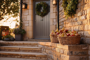 Autumn country scene with autumn decor, leaf, branch, gate, wrea, a Nature Photo by Studio ANNA