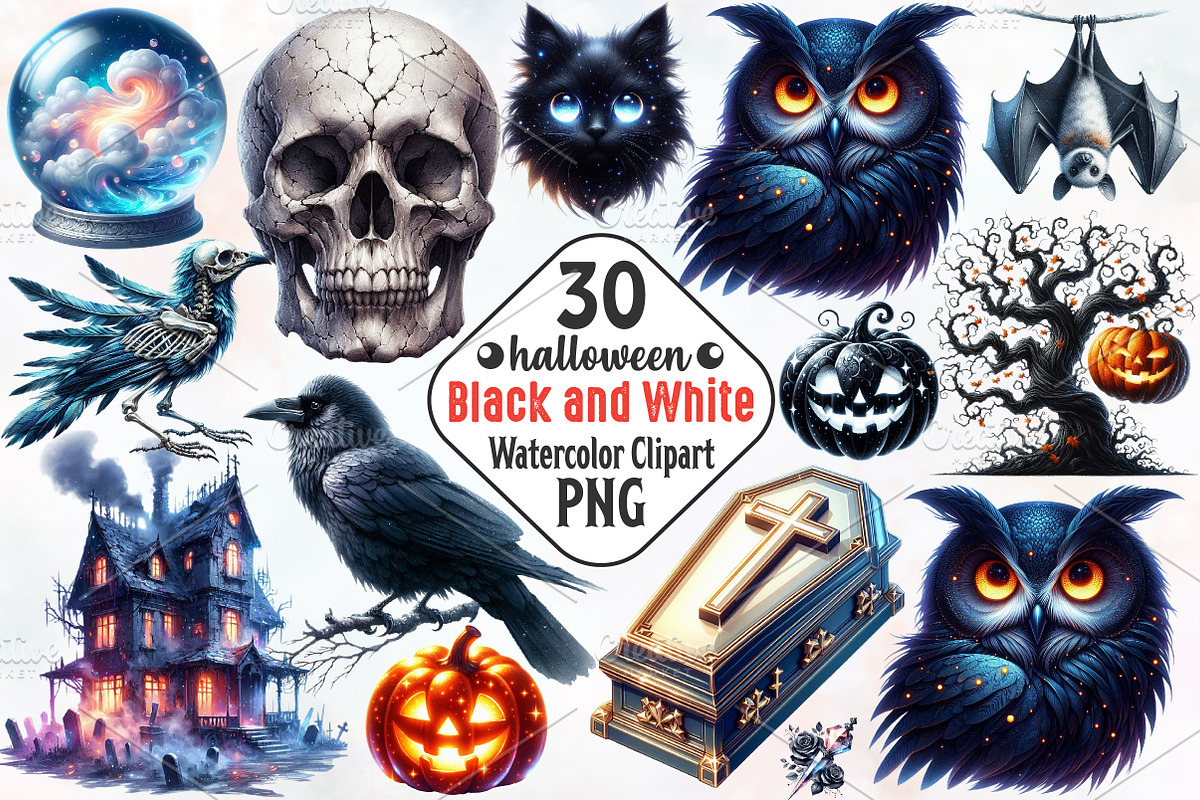 Halloween Black and White Watercolor, an Illustration by RobertsArt (Photo 1 of 7)