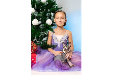Girl and Cat sit near Christmas tree, an Animal Photo by Alexander-Piragis
