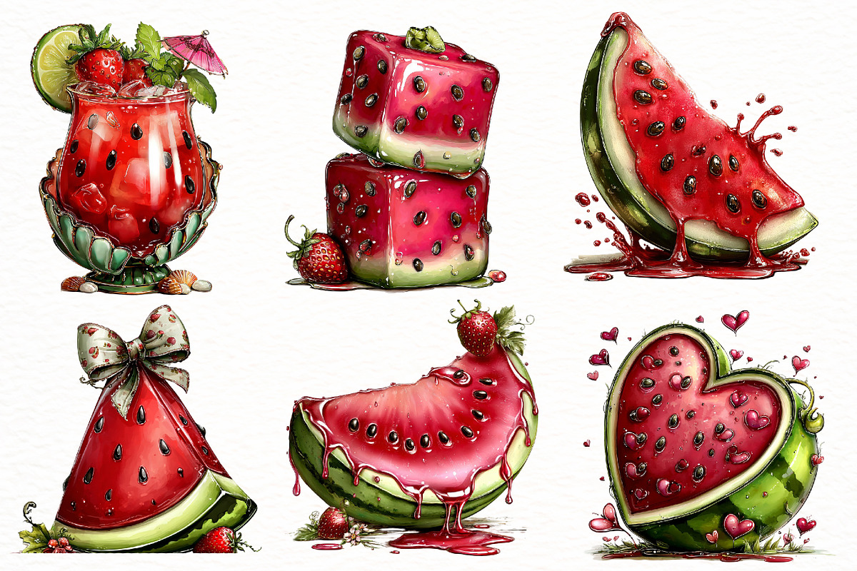 Whimsical summer watermelon clipart, an Illustration by Designworld (Photo 2 of 8)