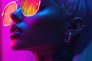 A stylish individual with short, platinum blonde hair and vibrant, reflective s, a Person Photo by Textures & Backgrounds