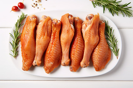 Chicken legs with rosemary on white wooden background, a Food & Drink Photo by AlyaAnd