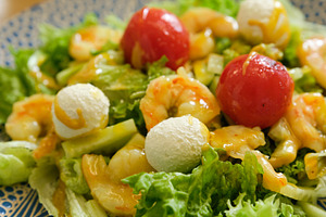 Macro shot of seafood salad with juicy shrimps, cherry tomatoes and mozzarella., a Food & Drink Photo by Rohan Photography