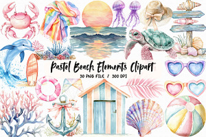 Pastel Beach Elements Clipart, an Illustration by Libby Wishes