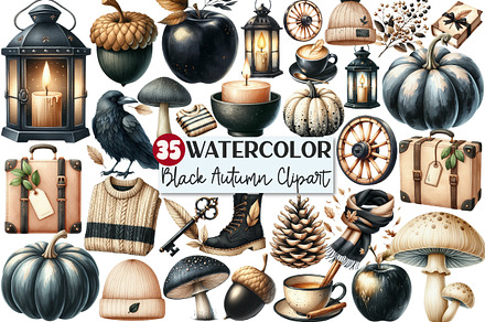 Watercolor Beige & Black Autumn Clip, an Illustration by Rose Art