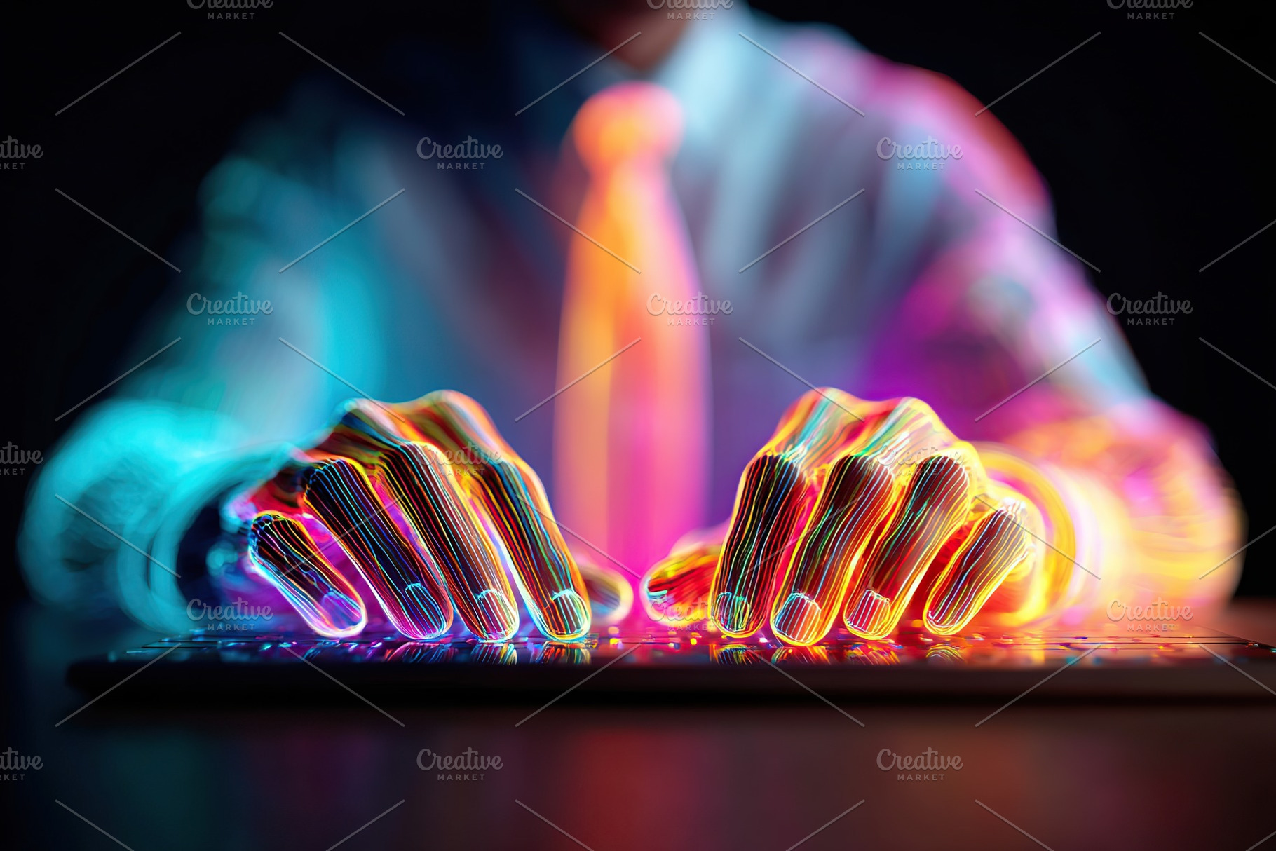 Brightly lit hands typing on a keyboard with neon glow around the dressed indiv, a Background Photo by AlyaAnd