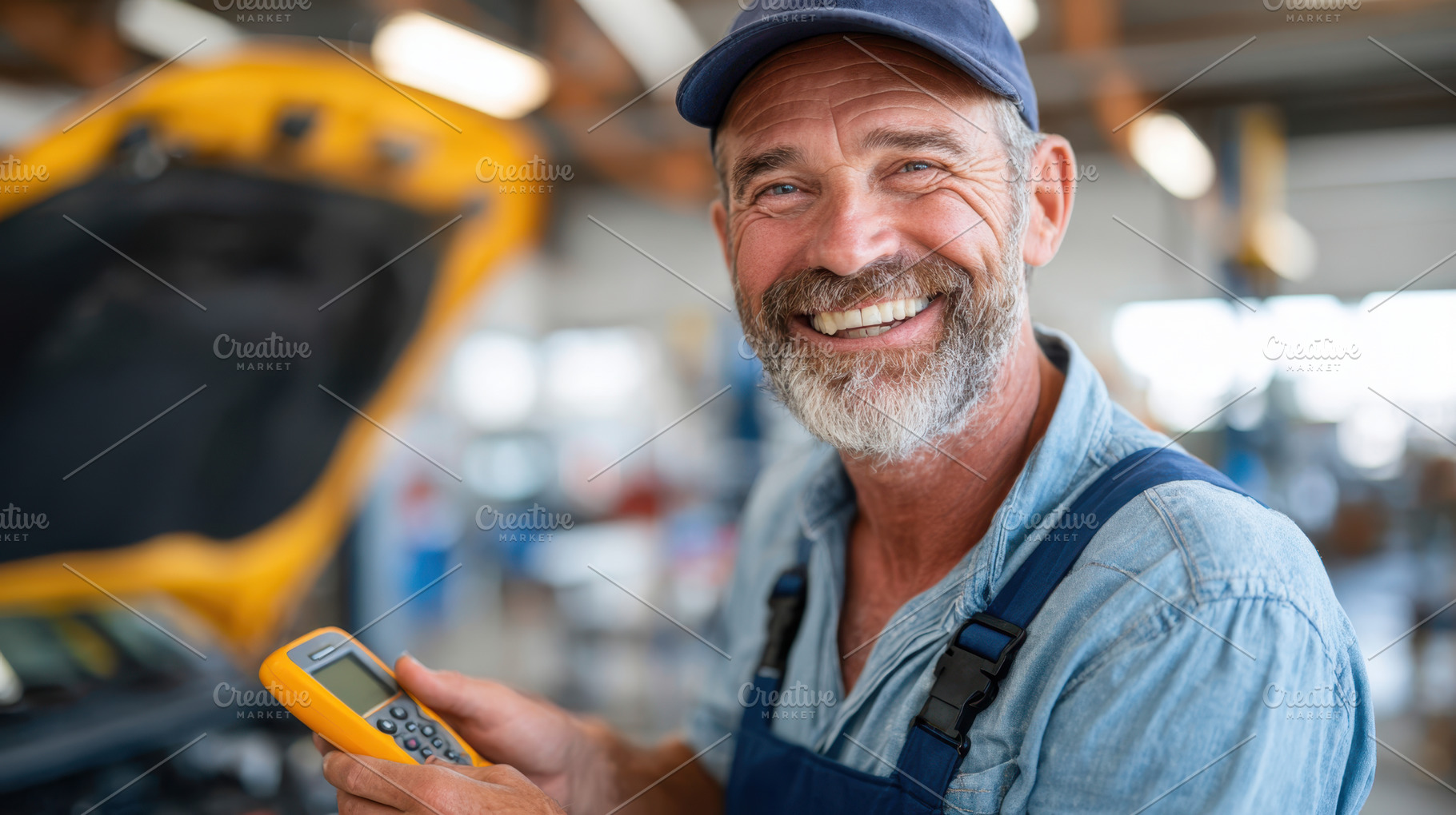 Smiling mechanic using car scanner in garage, an Industrial Photo by AlyaAnd