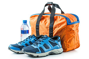 Sport bag with pair of shoes and plastic bottle isolated on whit, a Sports & Recreation Photo by AlyaAnd