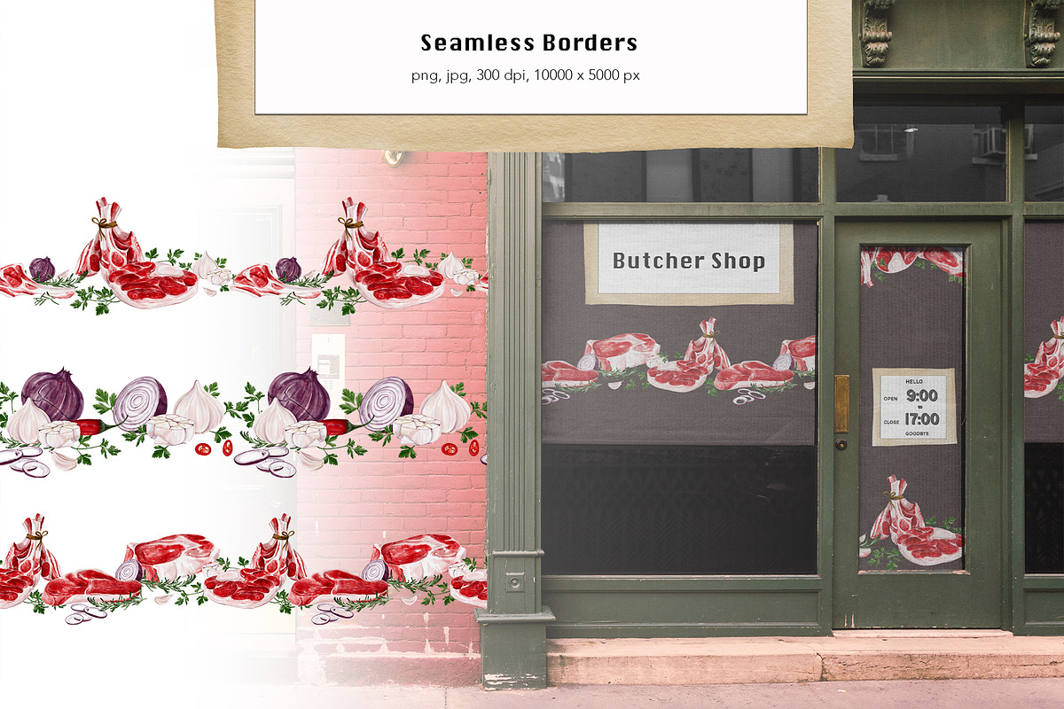 Meat, butcher shop. Watercolor., a Food Illustration by Alena Sid (Photo 8 of 11)