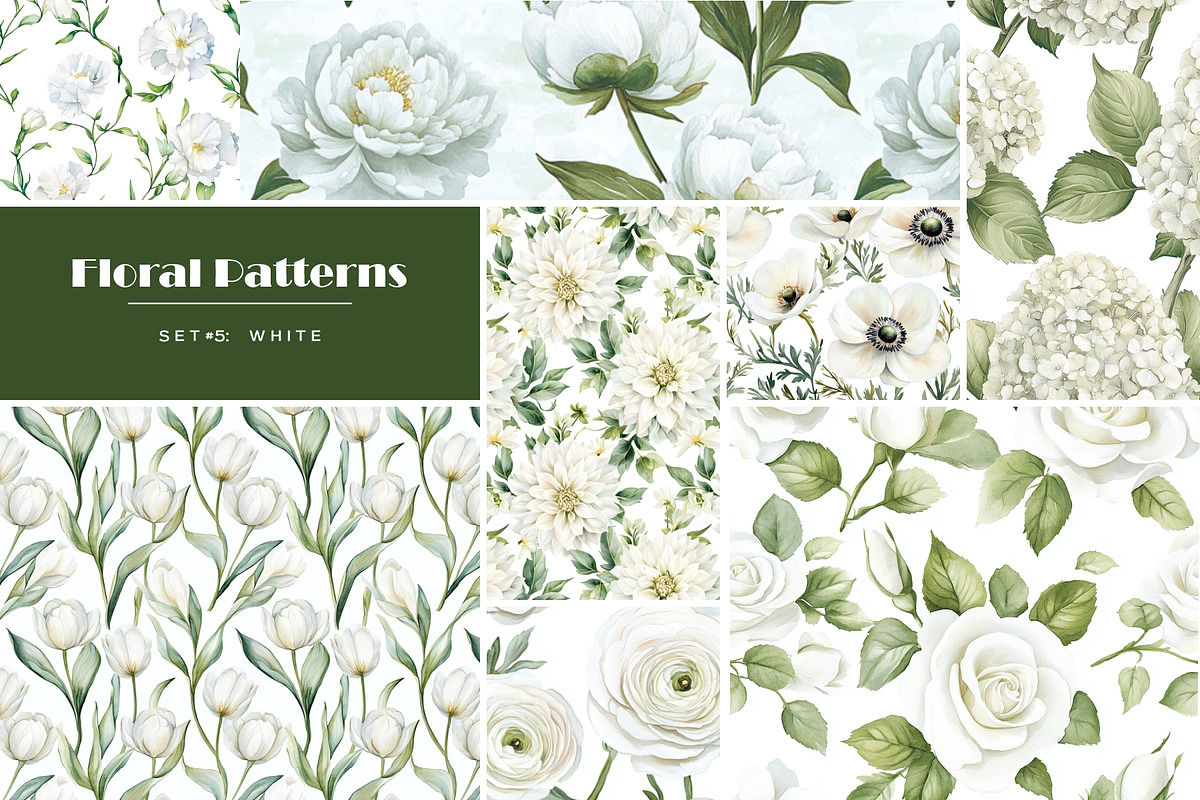 Watercolor white flowers patterns, a Pattern Graphic by Art and Funny (Photo 1 of 7)